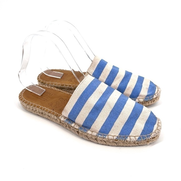 Ubuntu Shoes - UBUNTU LIFE Blue Striped Canvas Espadrille Slip On Handmade Mule Size 8.5W